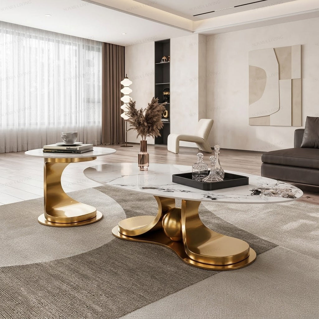 Savelli sculptural gold coffee table set with veined light-toned tops