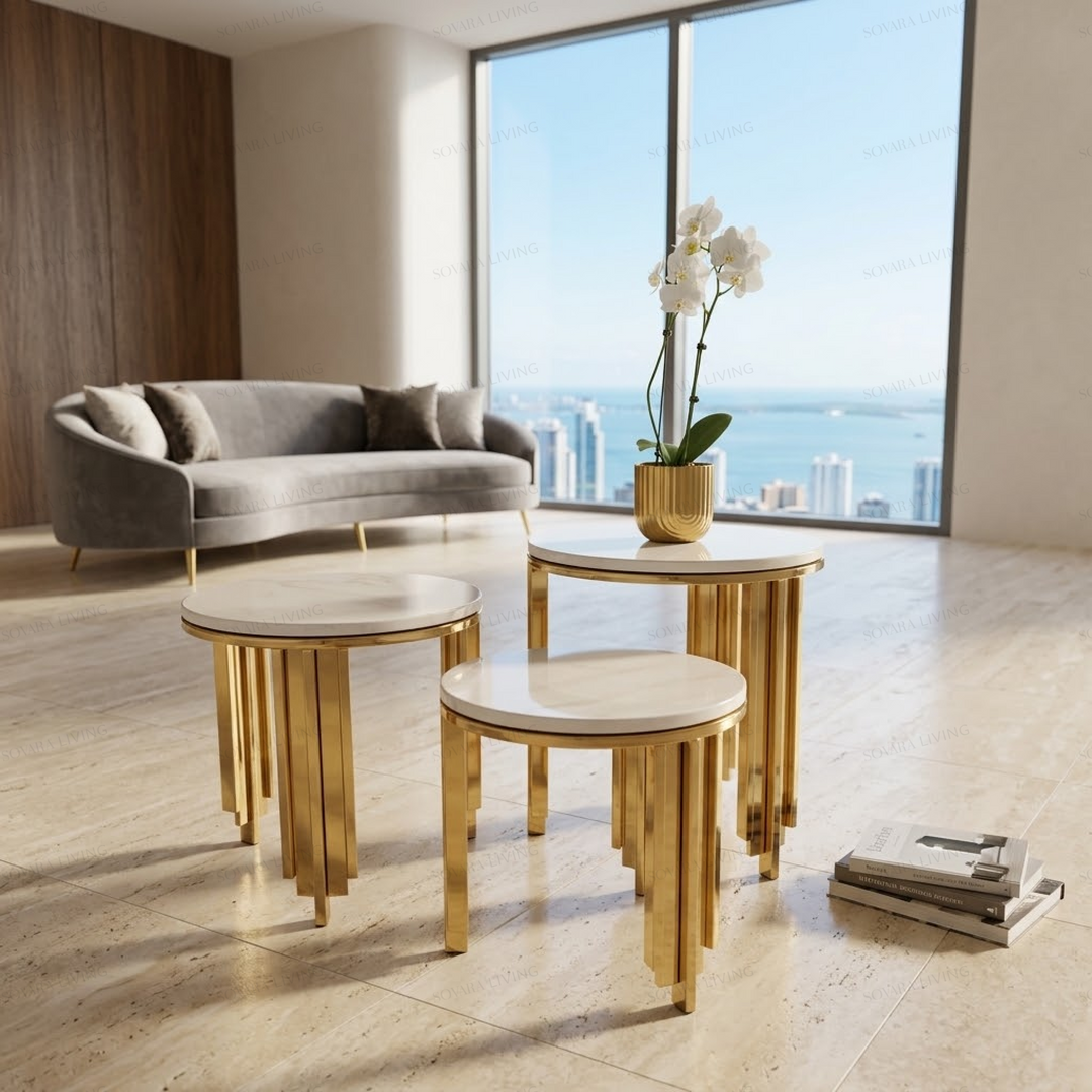Scala 3-Piece Cascading Table Set in white and gold