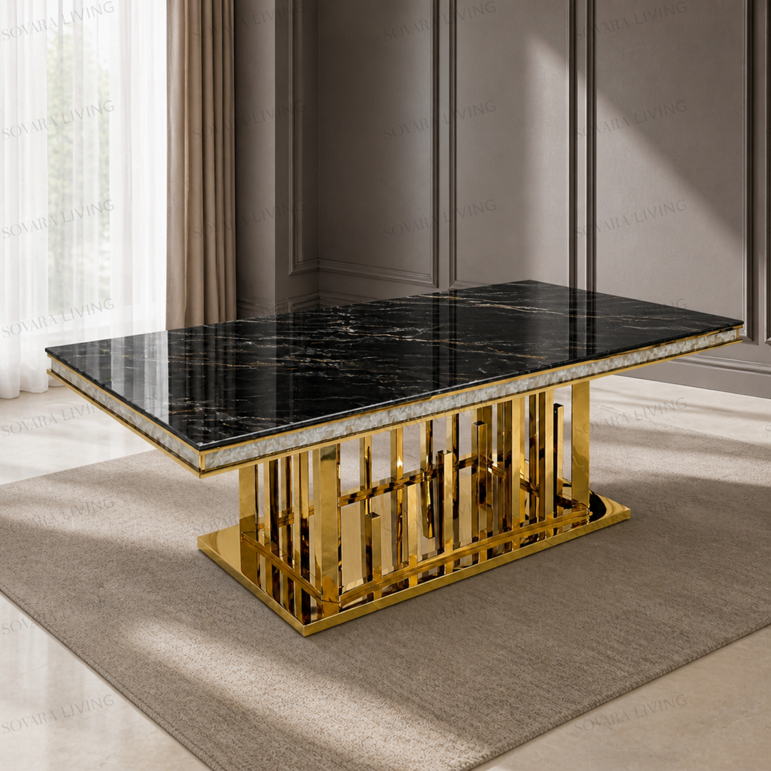 Solena dining table with a black Marquina-look top and polished mirror-gold architectural base