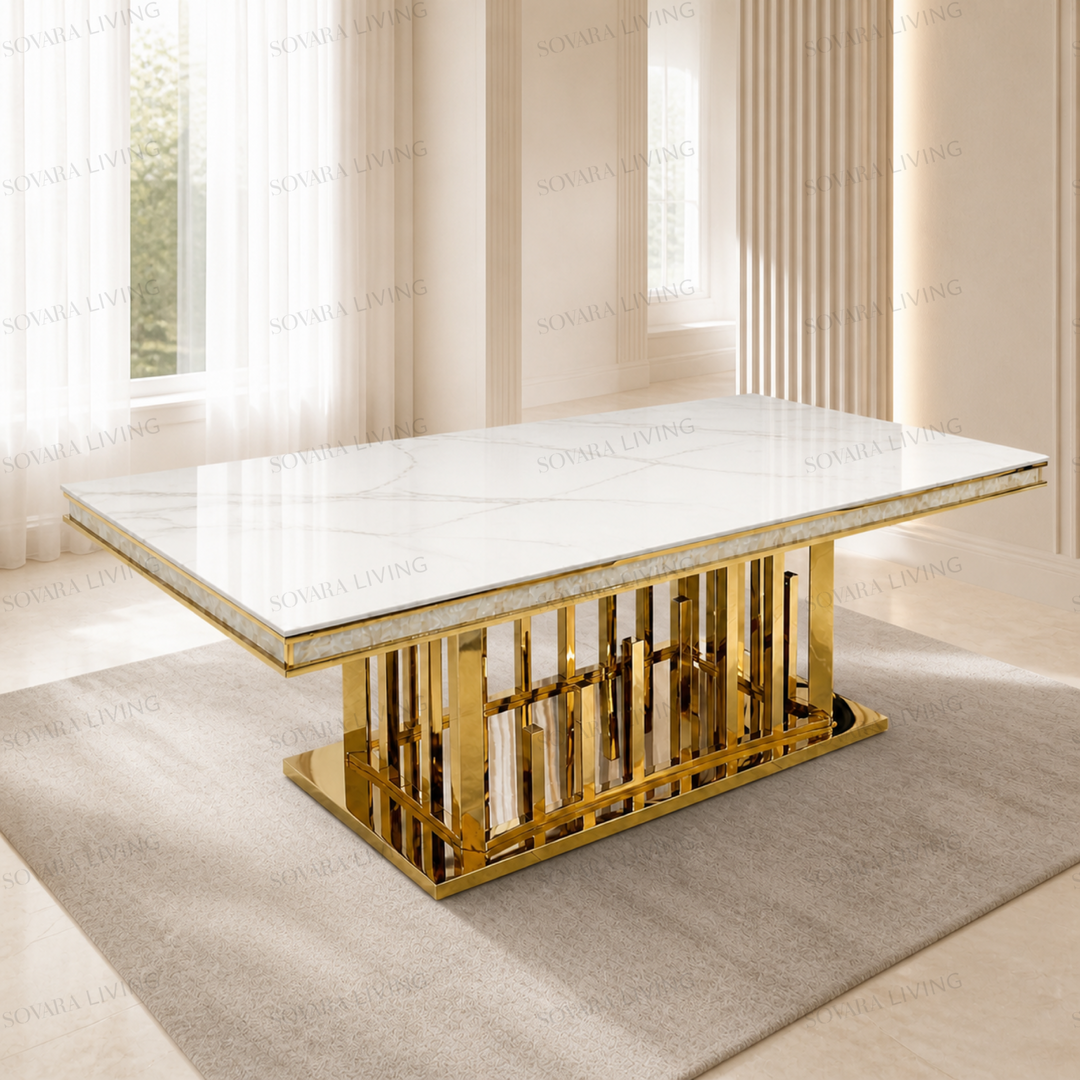 Solena dining table with a white Calacatta-look top and polished mirror-gold architectural base
