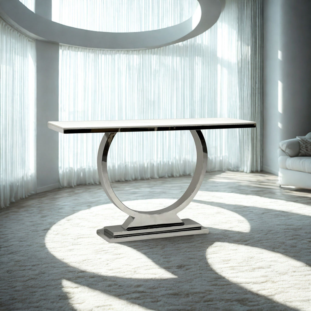 Solenne ring console table with white rectangular top and polished silver circular pedestal base