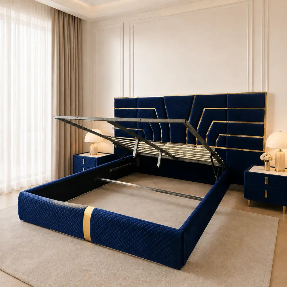 Amora navy blue quilted storage bed with gold trim