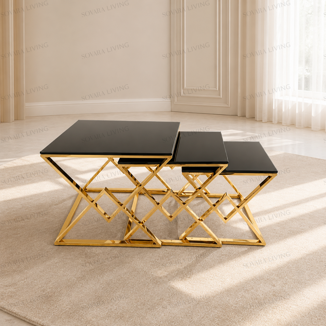 Vela three-piece square nested side table set with black glass tops and mirror-gold geometric frames
