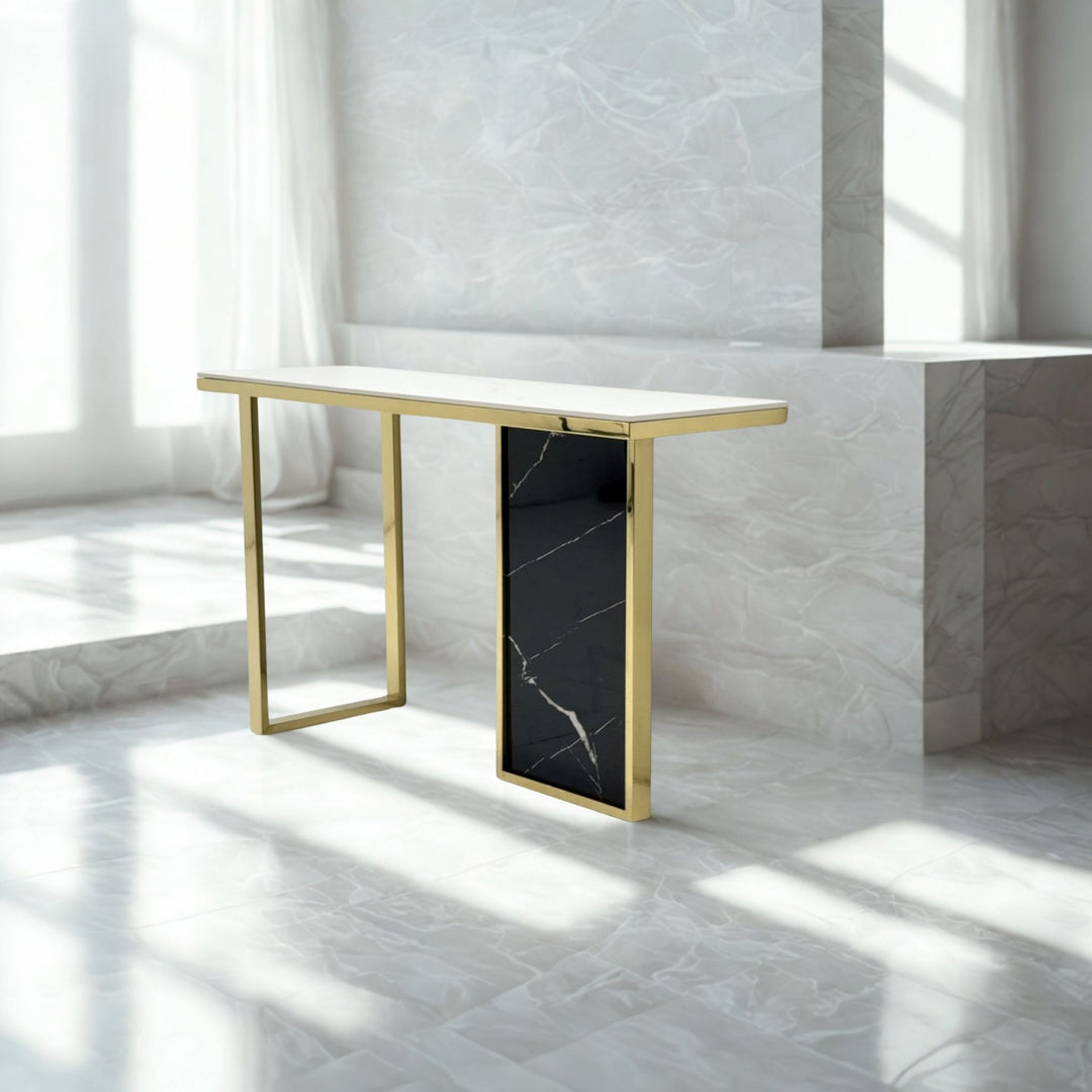 Veloria console table with white ceramic top, black feature panel and polished gold frame