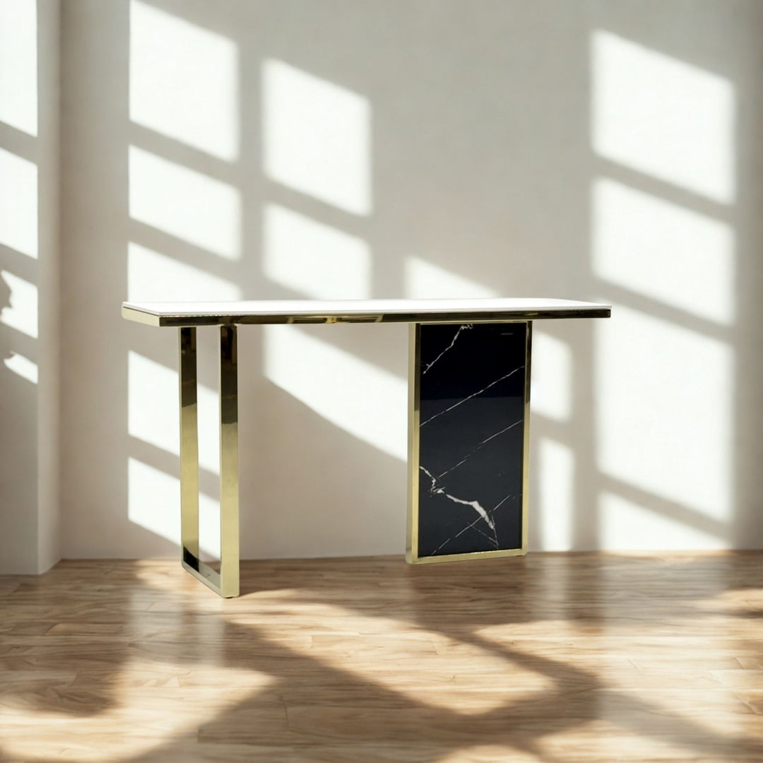 Veloria console table with white ceramic top, black ceramic feature panel and polished gold frame - front view