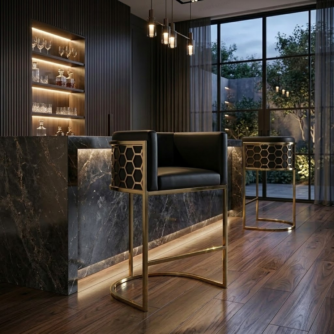 Vesper Black &amp; Gold Geometric Bar Stool with black upholstered seat and gold-tone honeycomb sides